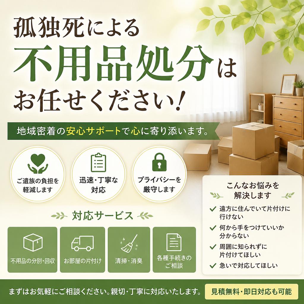 孤独死による不用品処分はお任せください！地域密着の安心サポートで心に寄り添います。